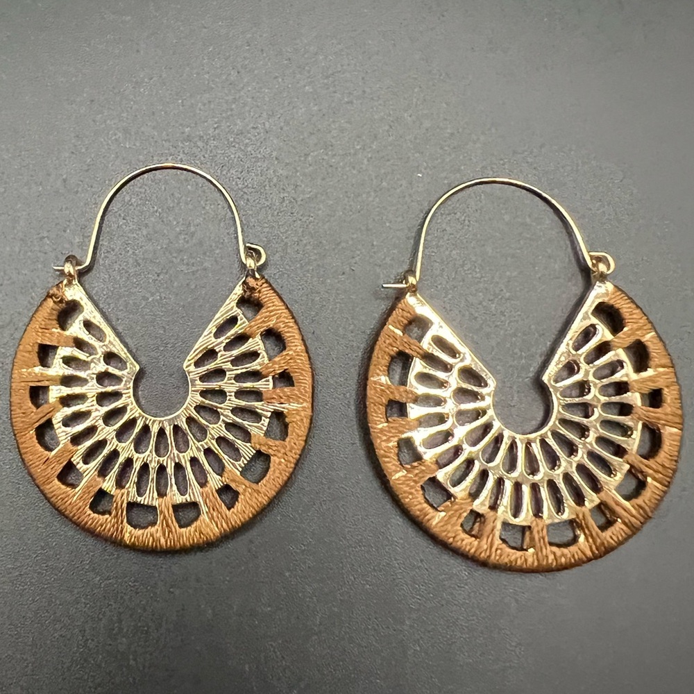 Crochet Style Gold Tone and Brown Earrings Boho